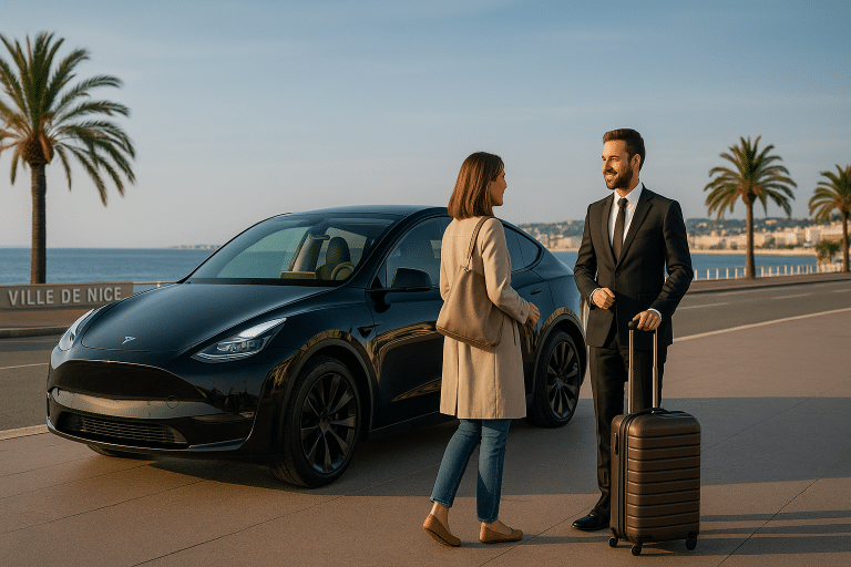 Chauffeur VTC Nice 06 aide une cliente avec sa valise prĂšs dâune Tesla Model Y noire sur la Promenade des Anglais.