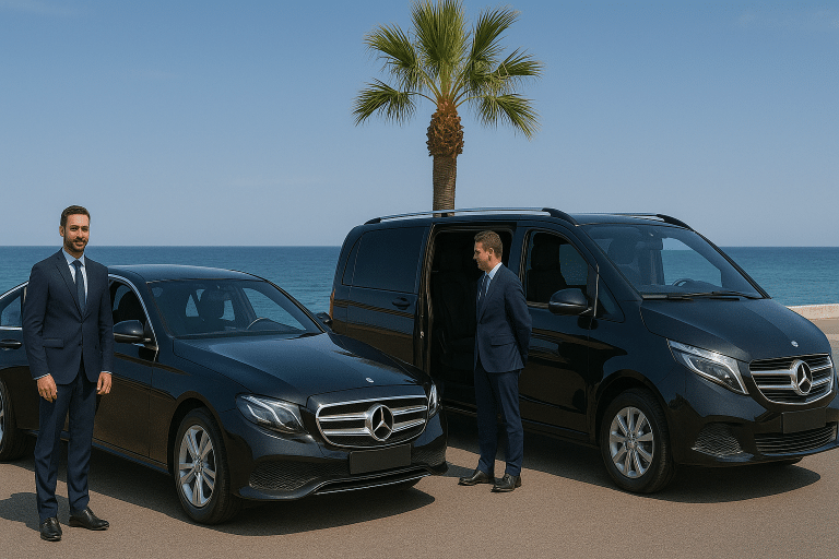 Deux véhicules VTC à Nice, une Mercedes Classe E berline et un van Mercedes Classe V noirs, stationnés sur la Promenade des Anglais face à la mer Méditerranée, pour le service chauffeur privé CONTACT VTC AB.